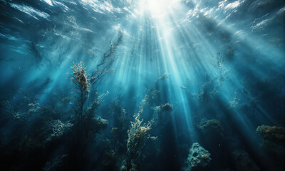 Obraz premium A dreamy underwater scene with rays of sunlight filtering through crystal-clear water, highlighting the motion of seaweed and soft ripples.