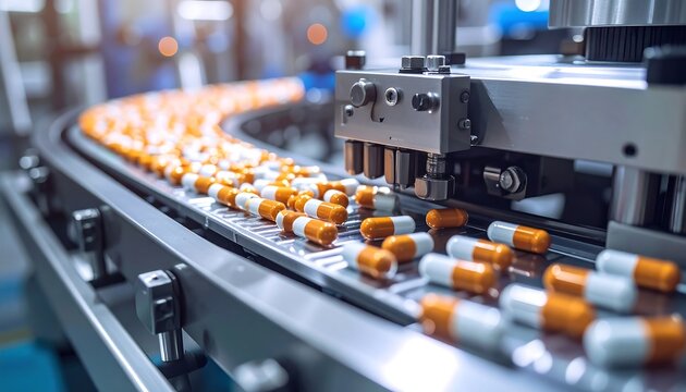 Automated capsule production line; pills move along conveyor belt to packaging