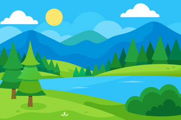 Fototapeta premium Stylized flat design landscape with mountains lake and trees