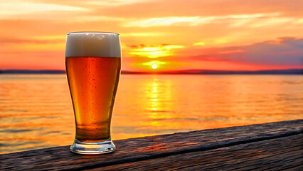 Savoring a refreshing beer on a rustic wooden pier as a vibrant sunset paints the sky over the tranquil ocean.