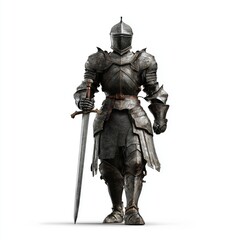 Fototapeta premium medieval knight in historical metal armor and helmet armed with a sword on a white isolated background