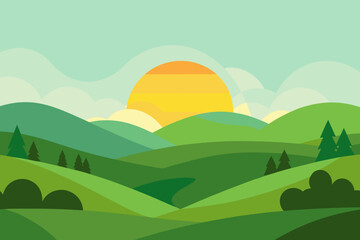 Obraz premium Stylized rolling green hills at sunrise with a bright sun and soft clouds