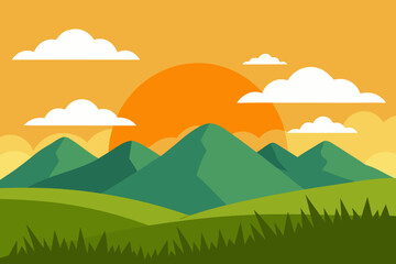 Flat design landscape with green hills mountains and a sunset sky