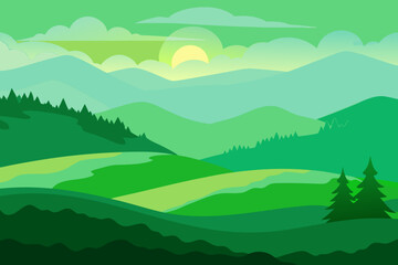 Obraz premium Stylized green rolling hills and mountains with a sun and clouds