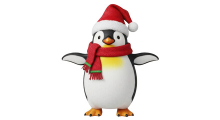 Fototapeta premium Cute penguin wearing santa hat and scarf isolated on transparent background