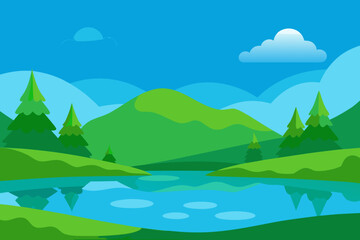 Flat design nature landscape with lake and mountains