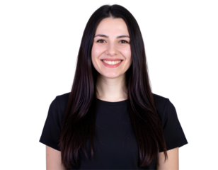 Beautiful young Hispanic woman in black t-shirt looking confidently at camera, isolated on transparent background with copy space