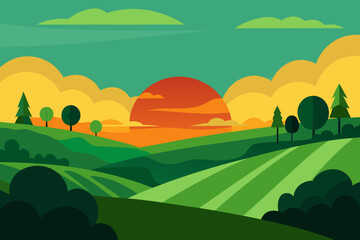 Stylized landscape with rolling green hills and a vibrant sunset