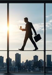 Silhouette of modern executive walking in office with laptop, coffee, and briefcase against skyline sunrise
