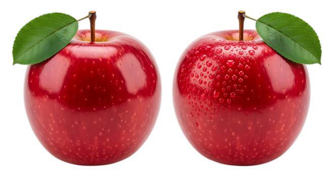 Two Shiny Red Apples with Green Leaves and Water Droplets on Black Vector illustration of isolated on a transparent background