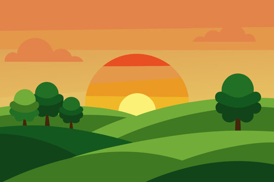 Stylized illustration of rolling green hills at sunset with a large sun and clouds