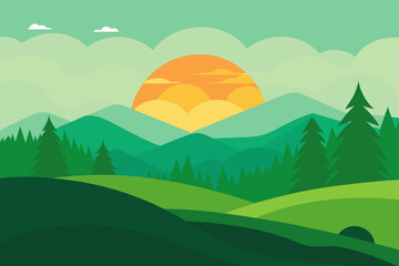 Obraz premium Stylized mountain landscape with rolling hills and a setting sun