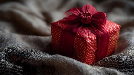 Exquisite red gift box wrapped in luxurious silk fabric