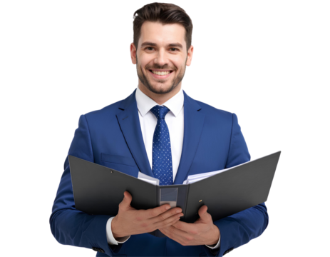 Confident executive manager smiling and holding open folder, ready for business presentation, isolated on transparent background