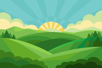 Obraz premium Stylized rolling green hills with sunrise and clouds