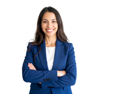 Confident businesswoman in formal suit with arms crossed and pleasant smile, isolated on transparent background - Powered by Adobe
