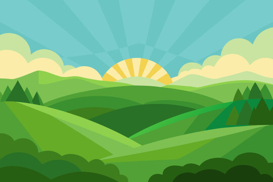 Stylized rolling green hills with sunrise and clouds
