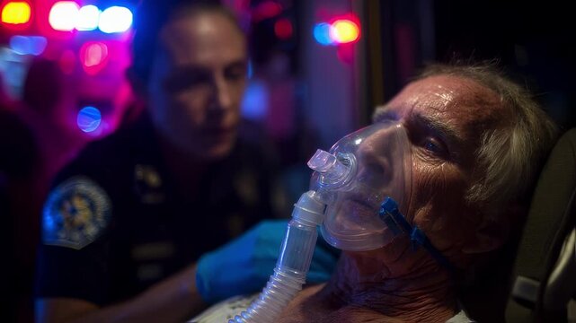 Closeup of paramedic applying oxygen mask to an elderly patient stabilizing breathing amidst flashing ambulance lights at night.