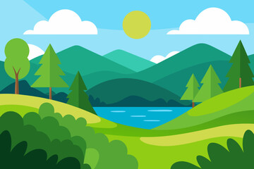 Obraz premium Vibrant flat design landscape with rolling hills and a serene lake