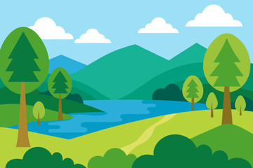 Stylized flat landscape with trees lake and mountains under a blue sky with clouds