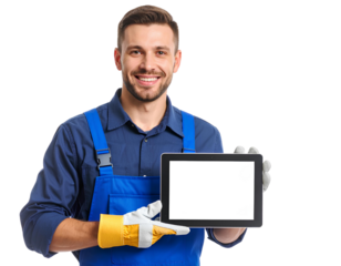 Smiling industrial worker in blue uniform and yellow gloves holding tablet, ready for duty, isolated on transparent background