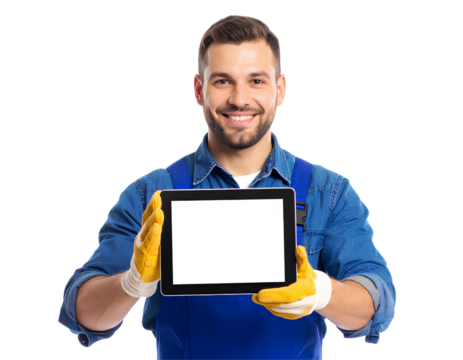 Smiling industrial worker in blue uniform and yellow gloves holding tablet, ready for duty, isolated on transparent background
