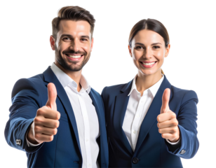 Smiling business couple showing thumbs up gesture, symbolizing success and teamwork, isolated on transparent background