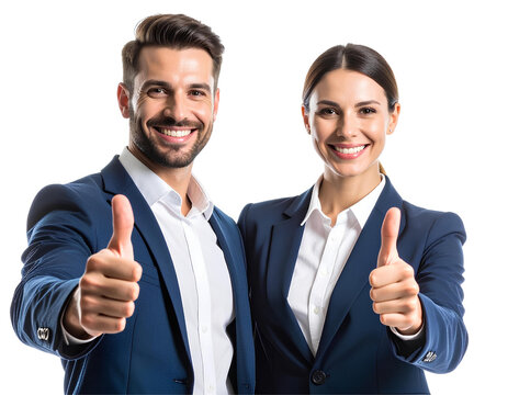 Smiling business couple showing thumbs up gesture, symbolizing success and teamwork, isolated on transparent background