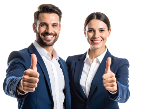 Smiling business couple showing thumbs up gesture, symbolizing success and teamwork, isolated on transparent background