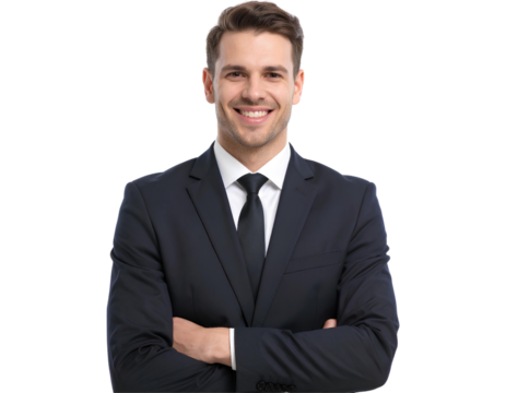 Portrait of a handsome businessman in formal suit with a friendly smile, isolated on transparent background