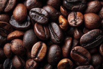 Fototapeta premium Lustrous Dark Roast Coffee Beans: An Intimate Macro Perspective