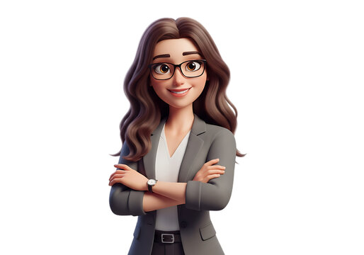 3d Smiling businesswoman with glasses and arms crossed isolated on transparent background