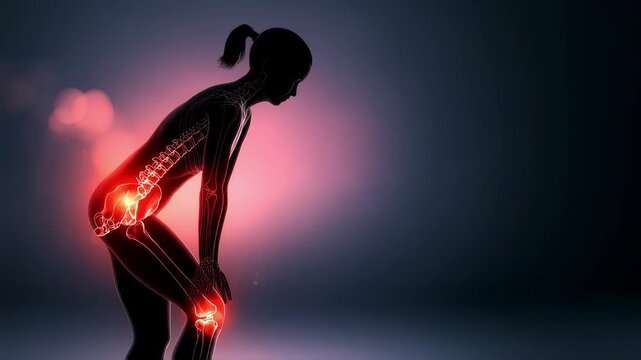 Silhouette of person holding back with glowing red areas on spine and knees symbolizing widespread arthritis flareup effects.