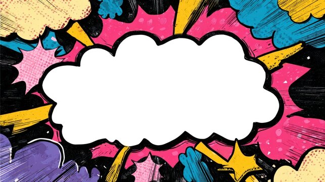 Cartoon style speech bubble surrounded by colorful comic book explosion effects. - Powered by Adobe