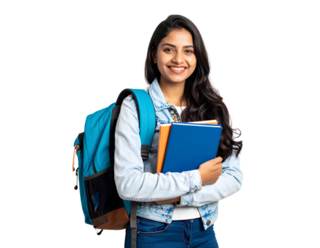 Portrait of a happy young Indian female student holding a book and wearing a backpack, ready for college or university, isolated on transparent background