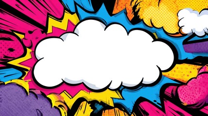 Comic book style explosion with white cloud center and colorful background.