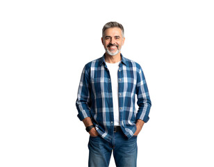 Fototapeta premium Portrait of a mature man in casual outfit with hands in pockets, ideal for modern lifestyle and fashion concepts, isolated on transparent background