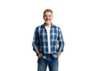Portrait of a mature man in casual outfit with hands in pockets, ideal for modern lifestyle and fashion concepts, isolated on transparent background