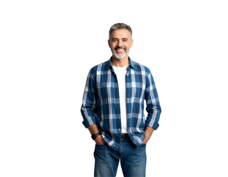 Portrait of a mature man in casual outfit with hands in pockets, ideal for modern lifestyle and fashion concepts, isolated on transparent background
