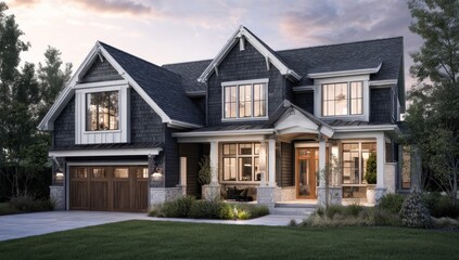 Luxurious Modern Home Exterior at Dusk, Elegant Architecture, Warm Lighting.