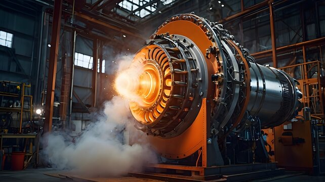 Industrial jet engine with fire and smoke in a workshop setting
