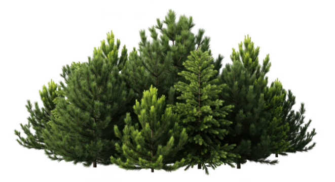 Dense cluster of green pine trees isolated on transparent background