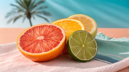 Cut citrus fruits including grapefruit orange lime and lemon on a towel with palm tree behind