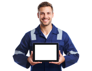 Smiling male technician holding digital tablet, isolated on transparent background, representing modern industry and maintenance concept