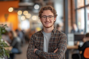 Fototapeta premium Confident Young Professional Smiling Inside a Modern Office with Glasses On