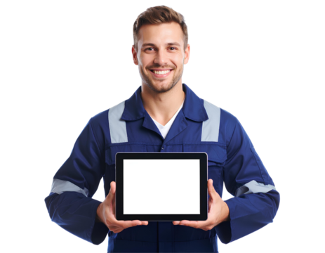 Smiling male technician holding digital tablet, isolated on transparent background, representing modern industry and maintenance concept - Powered by Adobe