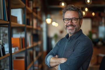 Fototapeta premium Confident Office Professional Standing by Shelves Full of Books and Company Files