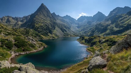 Naklejka premium Lush green hills surround a tranquil lake, reflecting towering mountain peaks. The sun shines brightly in the clear blue sky, creating a serene summer atmosphere.