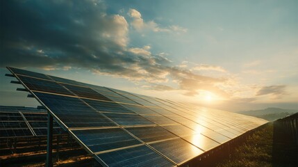 Solar panels capture sunlight as the day ends, with a warm glow illuminating the landscape. The setting sun reflects off the panel surfaces, enhancing the serene atmosphere.