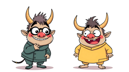 Two cheerful cartoon characters with horns and unique outfits are smiling and interacting radiating playful energy in a vibrant environment filled with fun colors